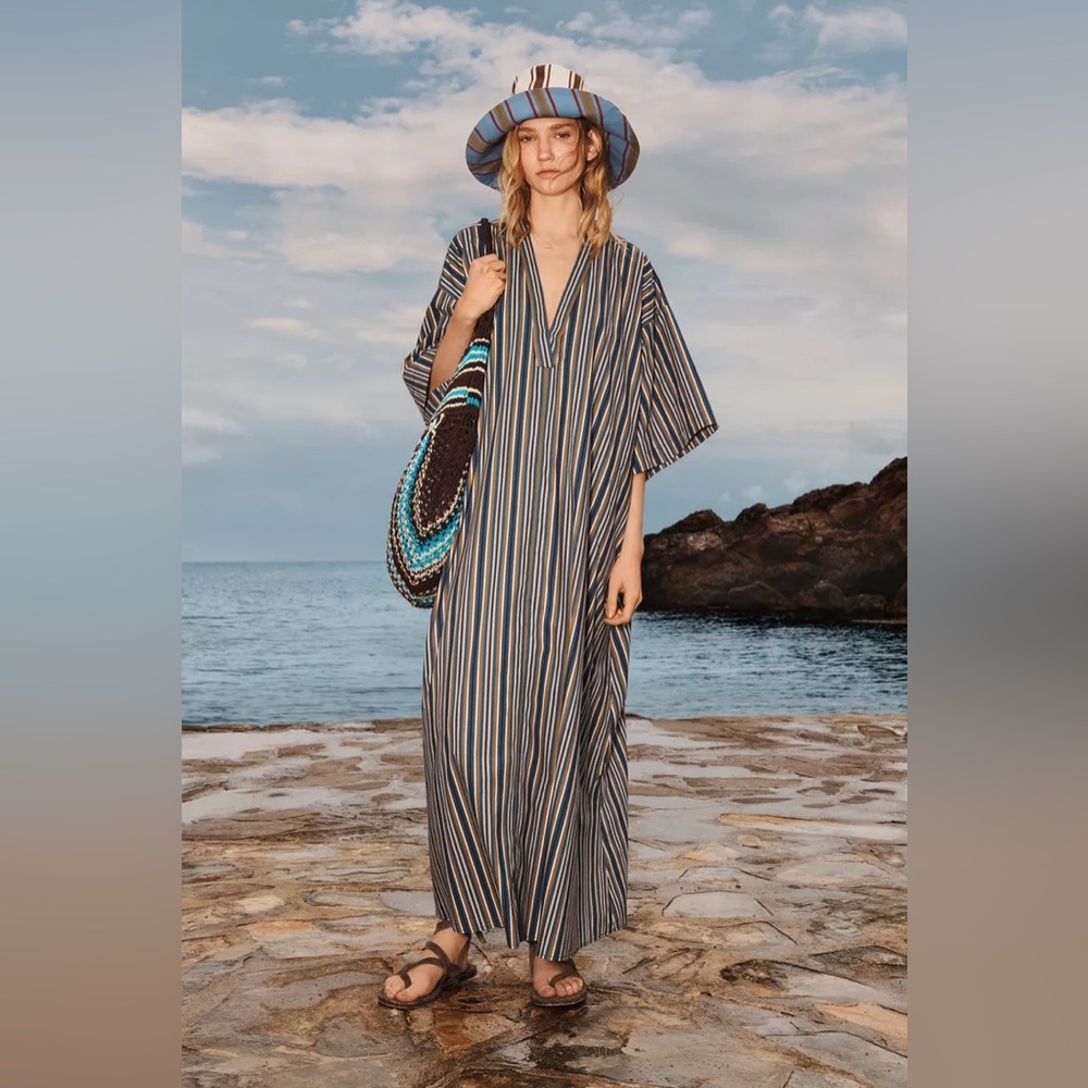 Zara Multi-Stripe Maxi Dress in Blue and Tan